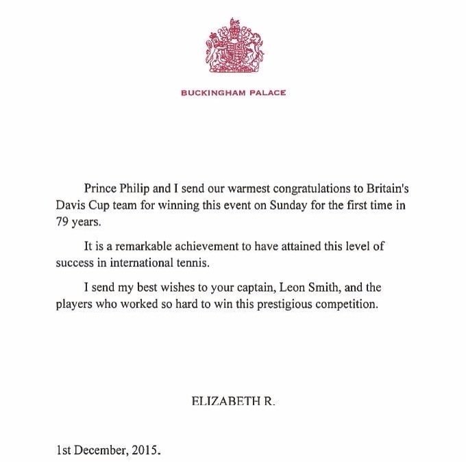 Carta que Isabel II envió al equipo británico de Copa Davis.