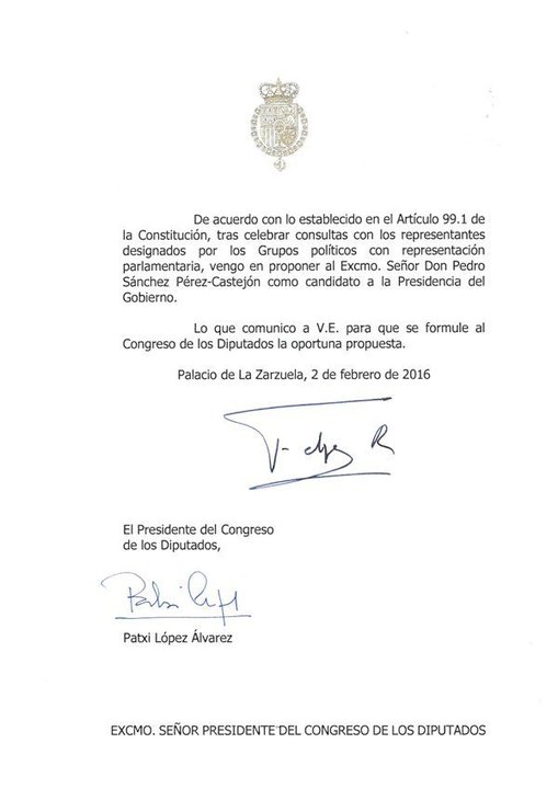 Documento con el que el rey propone a Pedro Sánchez como candidato a presidente del Gobierno.