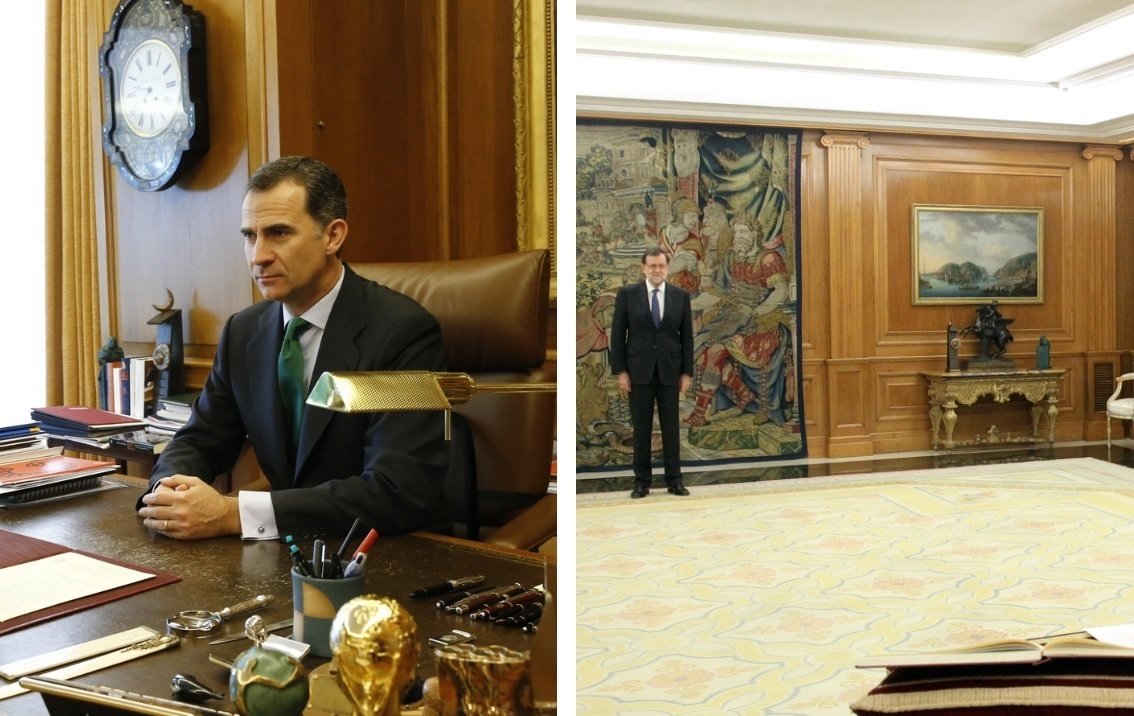 La estatuilla de los Premios Princesa de Asturias, en el despacho del rey (izquierda) y en la Sala de Audiencias (derecha).