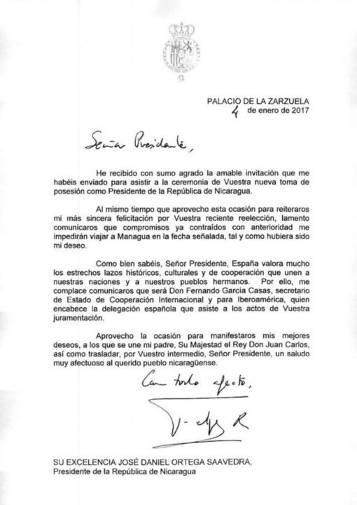 Carta de Felipe VI a Daniel Ortega.