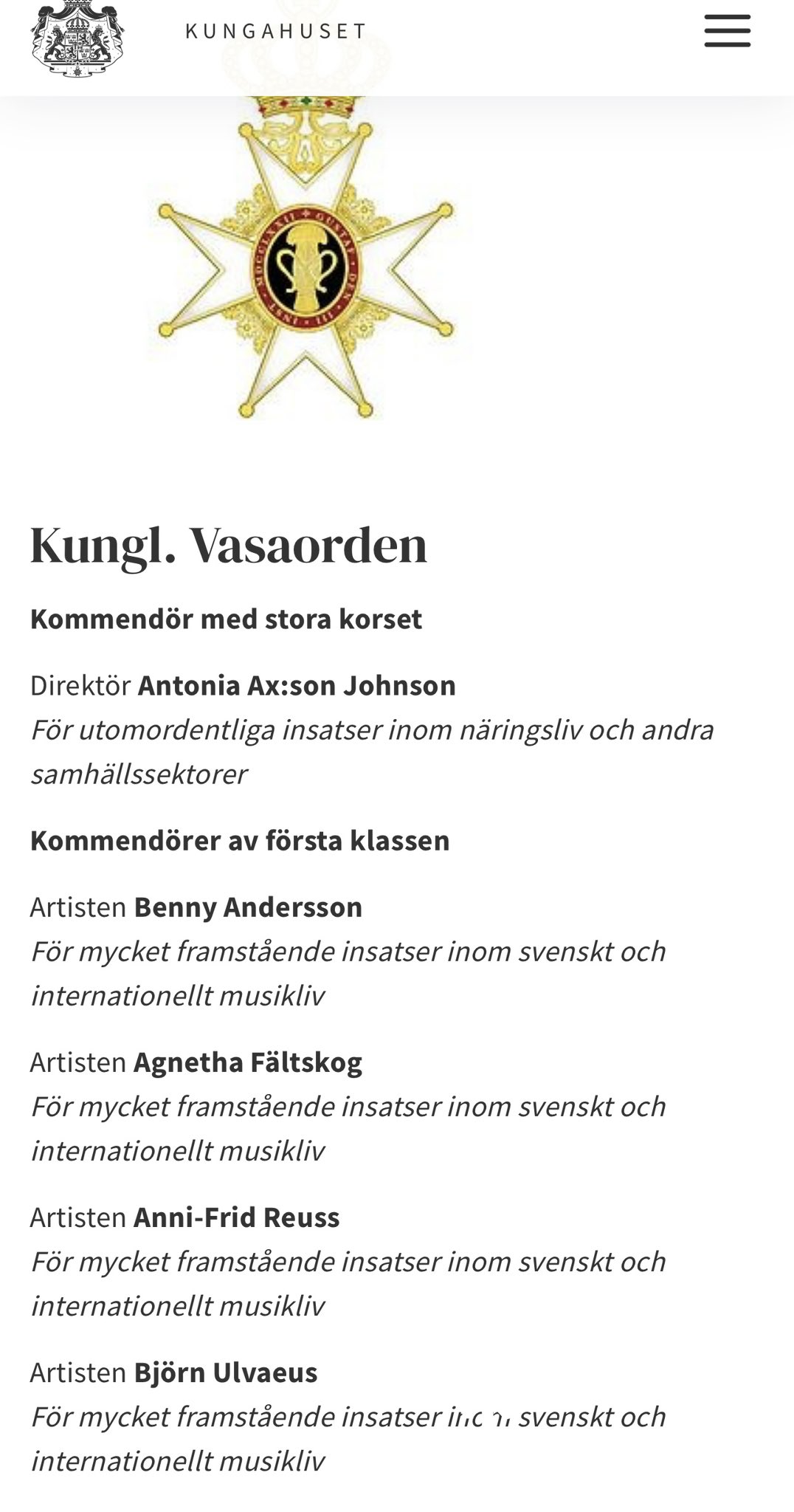 Anuncio de la condecoración en la págna web de la Casa Real sueca. 