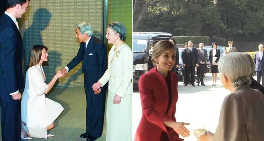 Doña Letizia saludando a los emperadores de Japón en 2005 y en 2017.