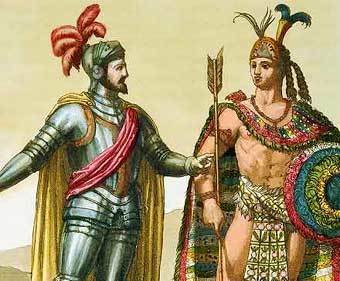 Hernán Cortés y el emperador azteca Moctezuma.