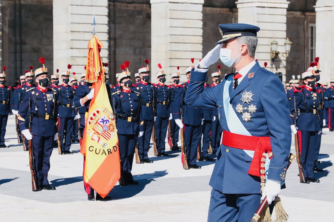 Los Reyes, la Princesa de Asturias y la Infanta Sofía, en el acto de celebración con motivo del Día de la Fiesta Nacional de 2020.